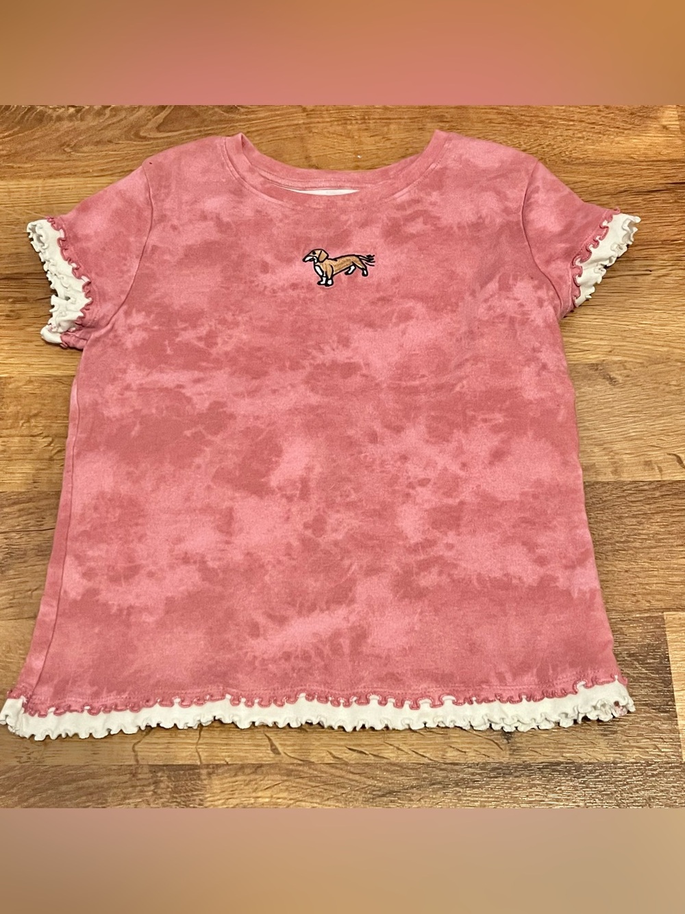SO' Pink Short Sleeve Babydoll Ruffle Tee with Dog Embroidery